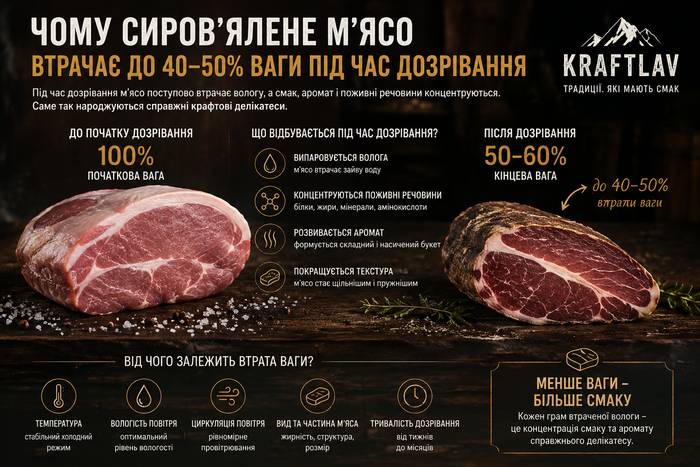Чому сиров'ялене м'ясо втрачає до 40–50% ваги під час дозрівання
