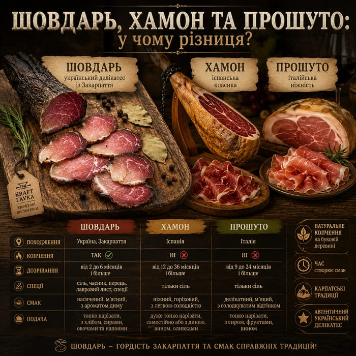 Чим відрізняється шовдарь від хамона та прошуто