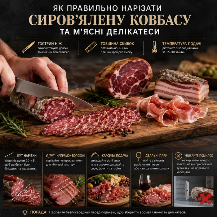 Як правильно нарізати сиров'ялену ковбасу та м'ясні делікатеси
